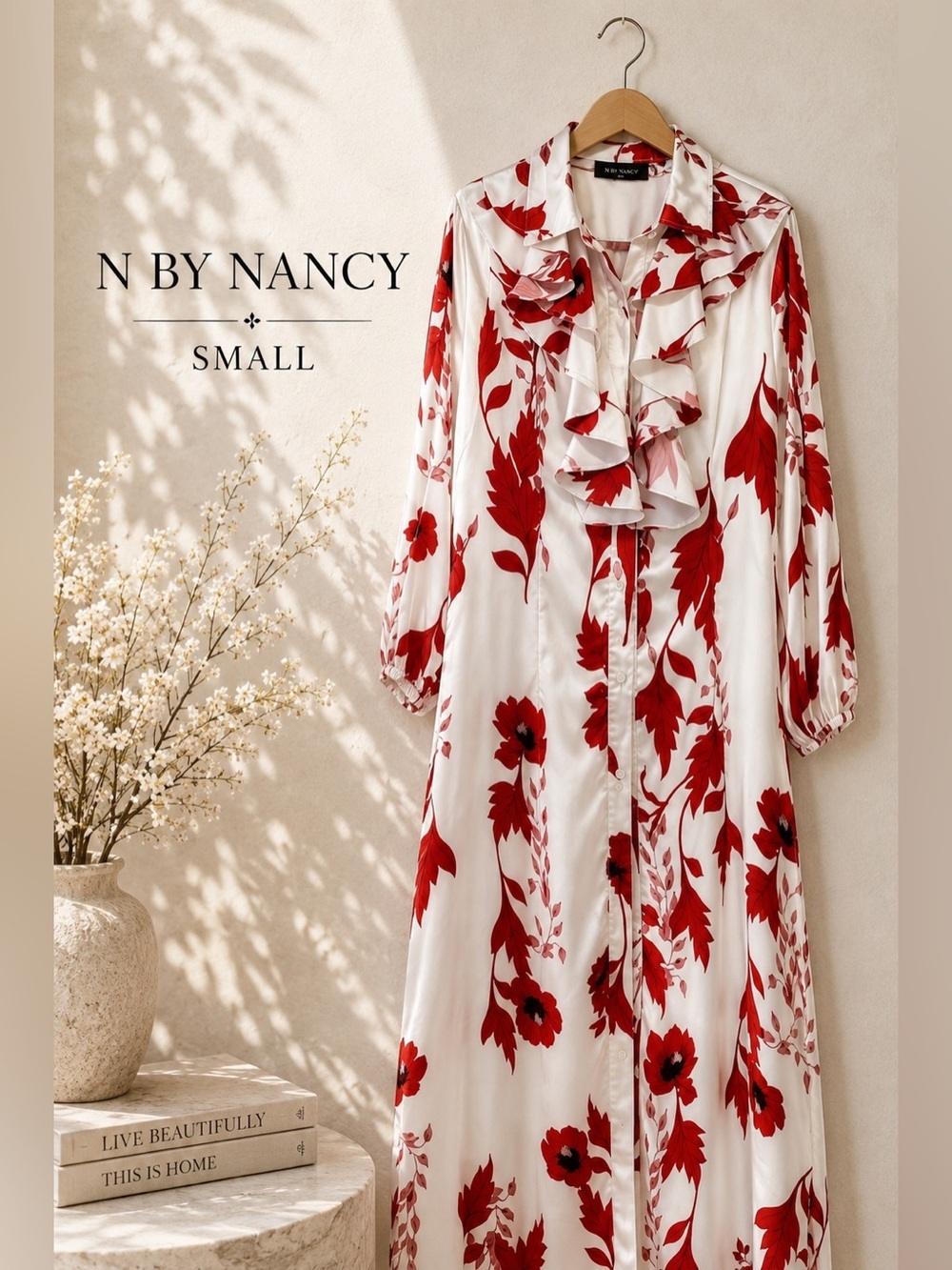 N By Nancy Red & White Floral Ruffle Midi Dress Small
